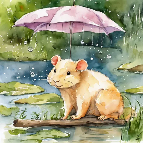 crie um ratinho pretinho, em um lugar ludico para um historia infantil, onde este ratinho esteja em uma ponte com um lago cristalino,  e refletindo a imagem dele , em um tempo de chuva no campo ao fundo e ele segurando um guarda chuva, no estilo drawing co...