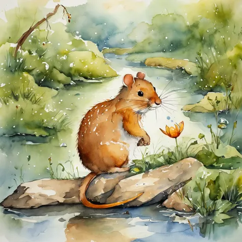 crie um ratinho pretinho, em um lugar ludico para um historia infantil, onde este ratinho esteja em uma ponte com um lago cristalino,  e refletindo a imagem dele , em um tempo de chuva no campo ao fundo e ele segurando um guarda chuva, no estilo drawing co...