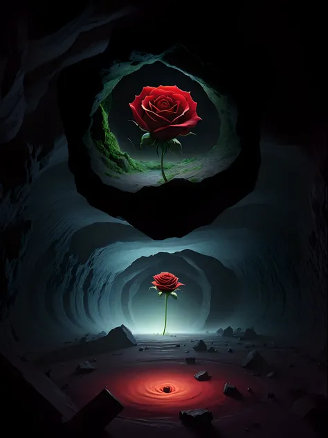 A giant rose in the middle of a cave, in the middle of a broken dimension of time