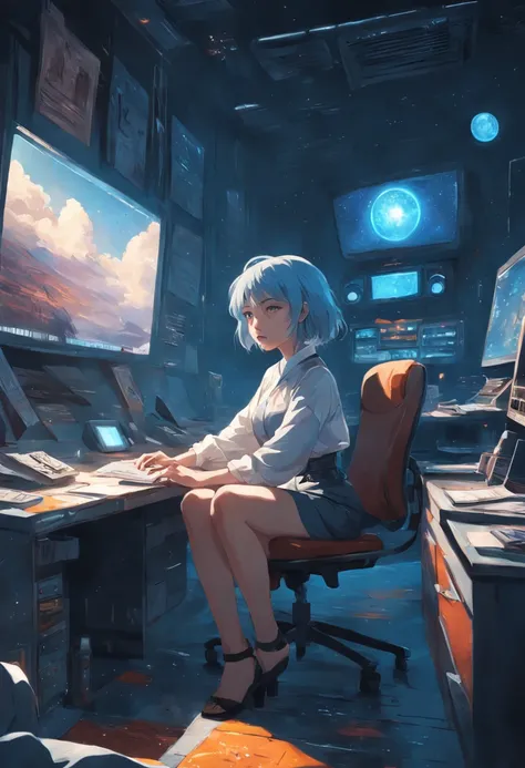 powerful woman sitting in space, portrait shot, by Drew Tucker, by Adam Marczyński, by Alexander Kucharsky, sitting at his desk, by Gavin Nolan, surrealism 8k, by Jason Felix, yuri shwedoff and tom bagshaw, illustrative art, erik johansson style