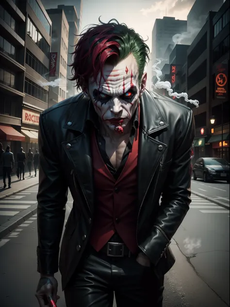 Marvel joker character smoking a cigarette in the middle of the street of a horror city Horror Styled Macabre, Full-HD, 1080p, 16k, Realistic, Hyperrealistic, Hyper Real