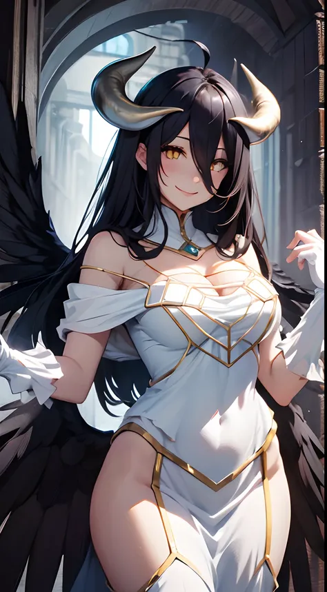 masterpiece, best quality, highres, al1, demon horns, slit pupils, white gloves, white dress, bare shoulders, detached collar, cleavage, black wings, feathered wings, low wings, cowboy shot, standing, smile, dungeon, evil smile,