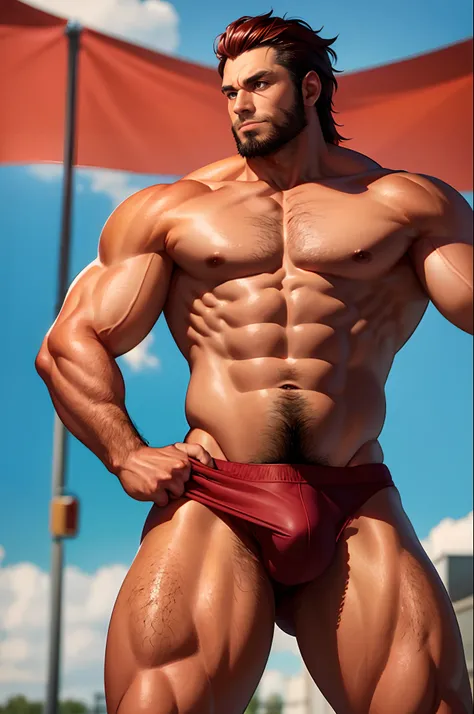 （tmasterpiece，best qualtiy：1.2），独奏，malefocus，1boy，Iskandar，Mature male，big muscular male，dark-brown skin，Large muscles，massive pec，Thick armpit hair is revealed under the armpits，((Crotch bulge))，looking at viewert，both hands on hip，Shirtless，Red thong，Thi...