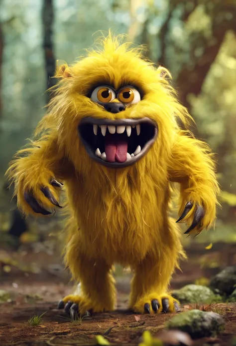 furry monster, realistic, golden, cute, angry, fluffy, yellow, spring, forest