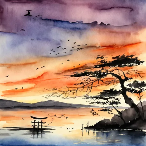 "Sunset in Japan, paisaje impresionista, with soft touches of warm colors, reflecting in the calm water. Silhouettes of trees dancing on the horizon, creando una escena tranquila y pintoresca."