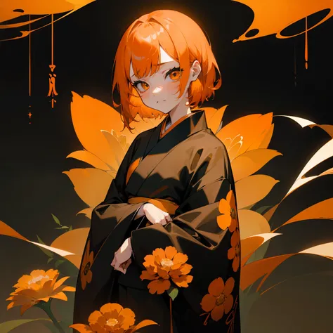 (Beautifully Aesthetic:1.2)、(1girl in:1.3)、(Black and orange colorful hair:1.2)、Orange and black kimono、Fantastical、wretched、Orange and yellow marigolds are blooming、natta、Sad face、