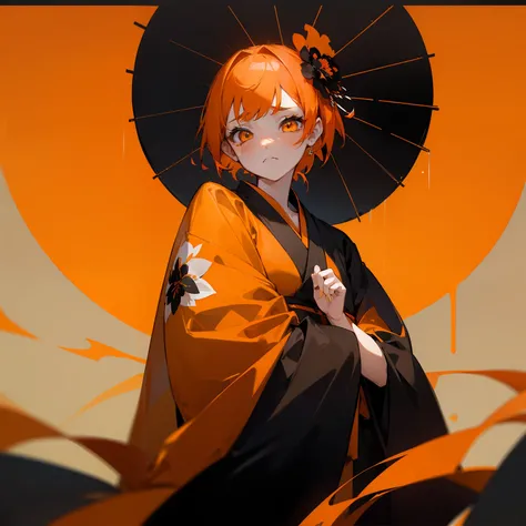 (Beautifully Aesthetic:1.2)、(1girl in:1.3)、(Black and orange colorful hair:1.2)、Orange and black kimono、Fantastical、wretched、Orange and yellow marigolds are blooming、natta、Sad face、