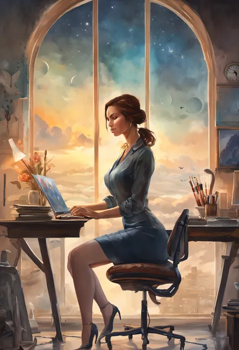 powerful woman sitting in space, portrait shot, by Drew Tucker, by Adam Marczyński, by Alexander Kucharsky, sitting at his desk, by Gavin Nolan, surrealism 8k, by Jason Felix, yuri shwedoff and tom bagshaw, illustrative art, erik johansson style