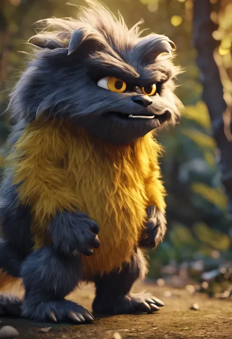 furry monster, realistic, golden, cute, angry, fluffy, yellow