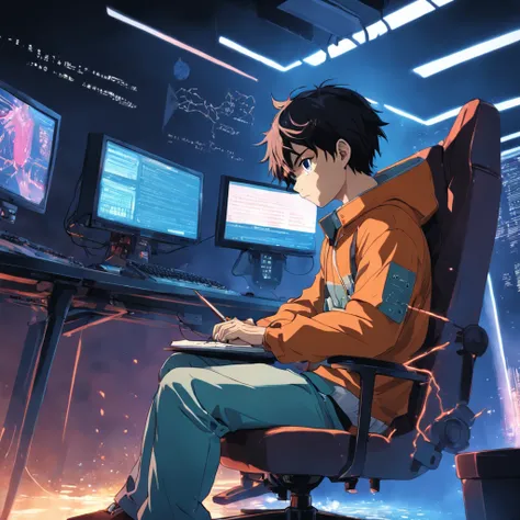 make a picture of a young man sitting in the back chair using a notebook, programming codes all this in anime