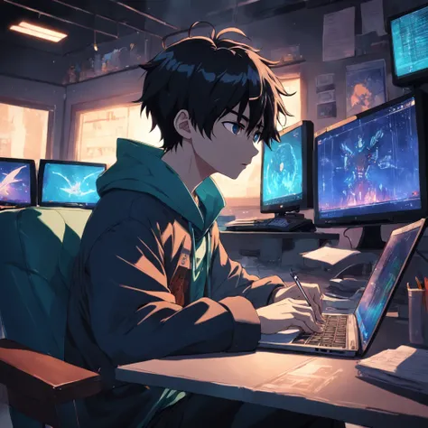 make a picture of a young man sitting in the back chair using a notebook, programming codes all this in anime