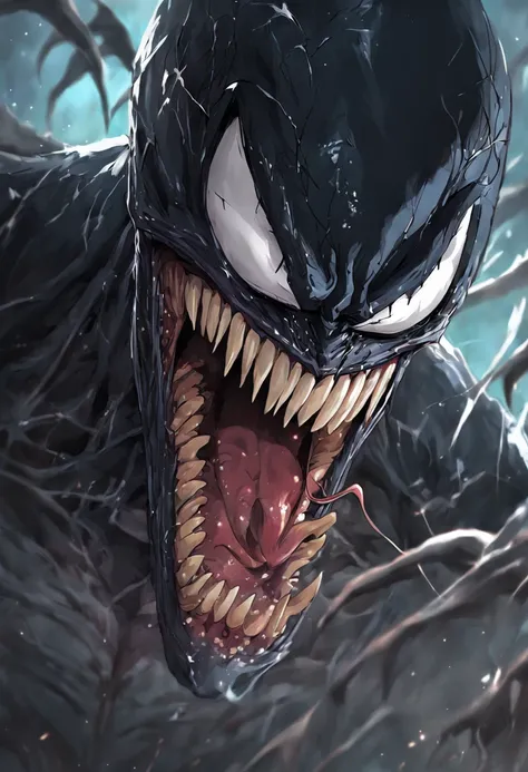 The venom exposed half of the host，cool guy，Marvel Venom，head portrait，Close-up，of a real，Facial features are carefully depicted，Realistic skin texture，Dark style，depth of fields，high light，Real light，Ray traching，oc rendered，Hyper-realistic，best qualtiy，8...