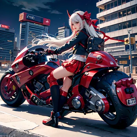 official art, unity 8k wallpaper, ultra detailed, beautiful and aesthetic, masterpiece, best quality, realistic, horns, blush, long hair, white hair, streaked hair, red eyes, hair bow, mole under eye,  red akirabike, riding bike, night, cyberpunk city view...