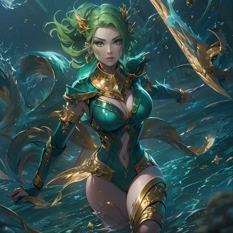 (Masterpiece, best quality, highres) intricate detail, dramatic lighting, realistic drawing, (((HD 4K))), solo, female, (((blue skin))), (((inhuman skin))), emerald eyes, triton ears, (((short green hair))), serious expression, fierce expression, athletic ...