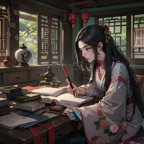 （A young beautiful black haired woman traditional attire writing haiku on his desk）
（A dilapidated Taoist temple）, aesthetic, ultra-detailed,  high quality