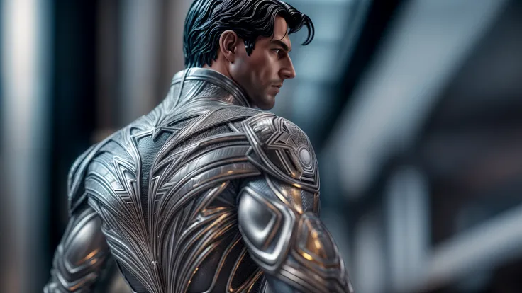 An intricate silver superman cybiotics suit, extremely detailed suit, futuristic superman, micro-details, photorealism, one light, dark photo, deep shadows, shallow depth of field, photorealistic, Surrealism, high quality, masterpiece, 8k, 8k, super detail