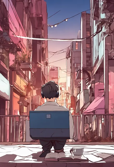 Make an anime image with a young man using a laptop, sentado na cadeira