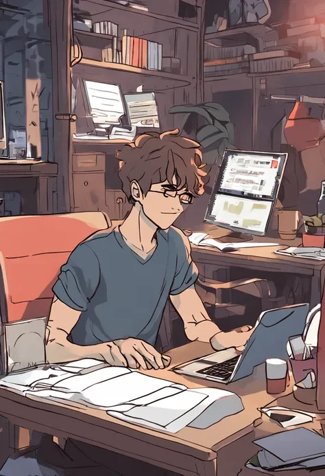 Make an anime image with a young man using a laptop, sentado na cadeira