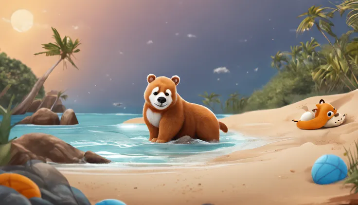 crie um urso na beira da praia , com uma bola azul e um gatinho branco ao lado, estilo desenho para livro infantil