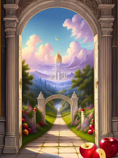 heaven fantasy painting, big pearly gate in heaven, apples, fruit, 8k, trending on art station, digital art, raphael lacoste