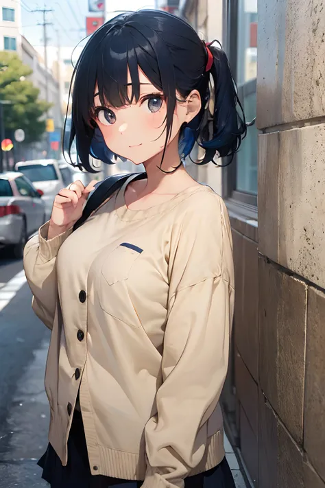 lovely girl with navy blue hair and crab claw clip, wearing beige shirt