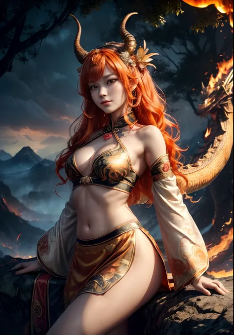 ((realisti, photo-realistic: 1.3), Extremely refined and beautiful, astounding, finely detail, an intricate, (((Behind the Orange Chinese Dragon (dragon: 1.4, Surrounded by flames, Black Mountains, the trees, magma, the wind, Long wavy body, hiquality, hig...