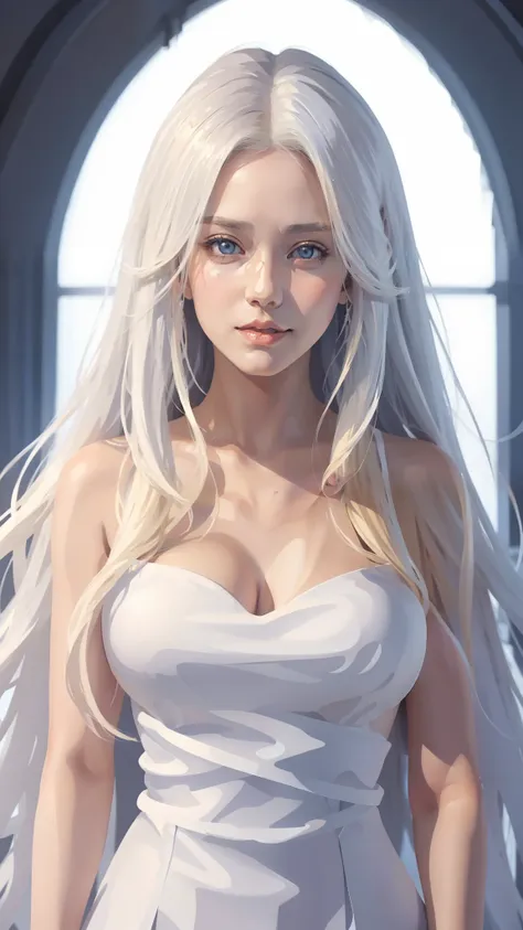 Blonde haired girl，Long white hair posing for photos, an anime drawing by Yang J, Pisif, Digital art, Girl with white hair, Photorealistic anime, Perfect white haired girl, Guviz, a beautiful anime portrait, Stunning anime face portrait, Guviz-style artwor...