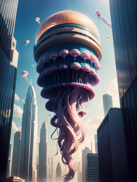 jellyfish Visual Exaggeration flying in the city surrounding buildings in Dubai Photorealistic, Photorealism, Full-HD, 1080p, 16k, Realistic, Hyperrealistic, Hyper Real, digital