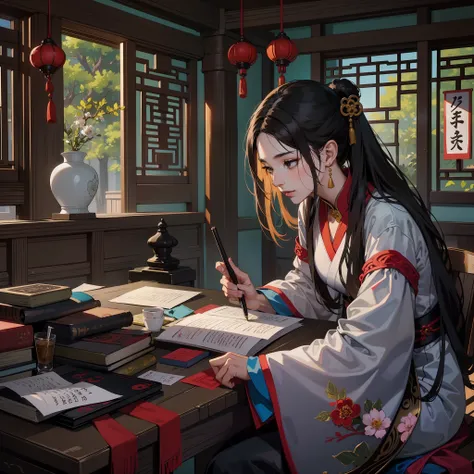 （A young beautiful black haired woman traditional attire writing haiku on her desk）
（A dilapidated Taoist temple）, warm colors, browns and beige, aesthetic, ultra-detailed,  high quality