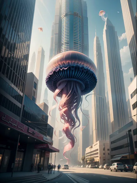 jellyfish Visual Exaggeration flying in the city surrounding buildings in Dubai Photorealistic, Photorealism, Full-HD, 1080p, 16k, Realistic, Hyperrealistic, Hyper Real, digital