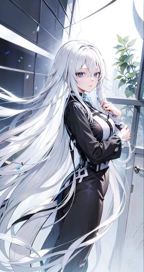 anime girl standing in front of window with long white hair and blue eyes, girl with white hair, perfect white haired girl, whit...