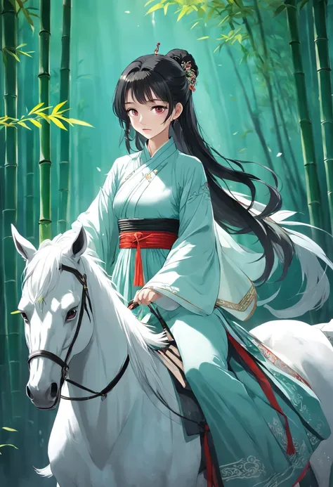 A woman dressed in traditional clothing rides a horse through a bamboo forest, Hanfu, Palace ， A girl in Hanfu, White Hanfu, Wuxia, full-body wuxia, Wearing ancient Chinese clothes, xianxia fantasy, with acient chinese clothes, Chinese costume, Anime girl ...