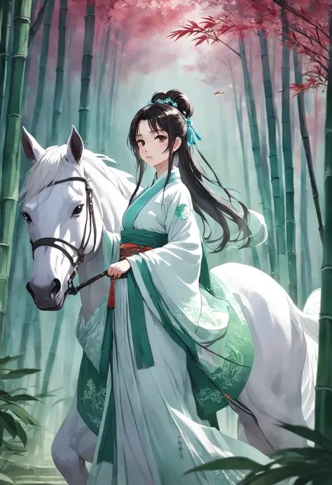 A woman dressed in traditional clothing rides a horse through a bamboo forest, Hanfu, Palace ， A girl in Hanfu, White Hanfu, Wuxia, full-body wuxia, Wearing ancient Chinese clothes, xianxia fantasy, with acient chinese clothes, Chinese costume, Anime girl ...