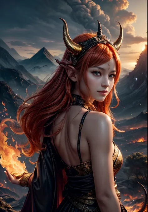 ((realisti, photo-realistic: 1.3), Smiling, Rejoices, Extremely refined and beautiful, astounding, finely detail, an intricate, (((dragon, Surrounded by flames, Black Mountains, the trees, magma, the wind, Long wavy body, hiquality, higly detailed, Epic)))...