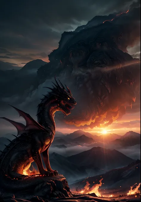 ((realisti, photo-realistic: 1.3), Extremely refined and beautiful, astounding, finely detail, an intricate, (((dragon, Surrounded by flames, Black Mountains, the trees, magma, the wind, Long wavy body, hiquality, higly detailed, Epic))), particle fx, Dyna...