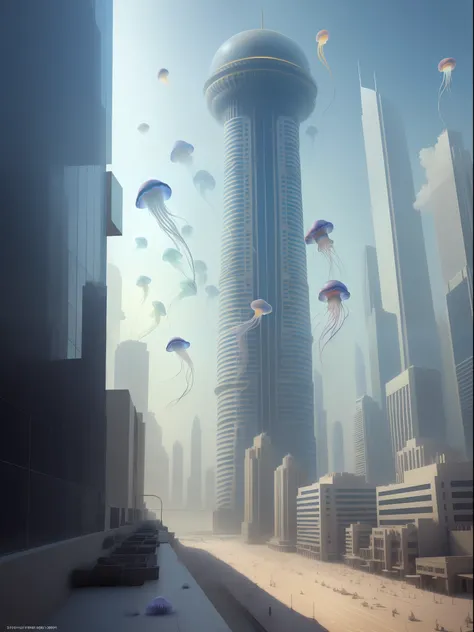 jellyfish flying in the city surrounding buildings in Dubai Photorealistic, Photorealism, Full-HD, 1080p, 16k, Realistic, Hyperrealistic, Hyper Real, digital