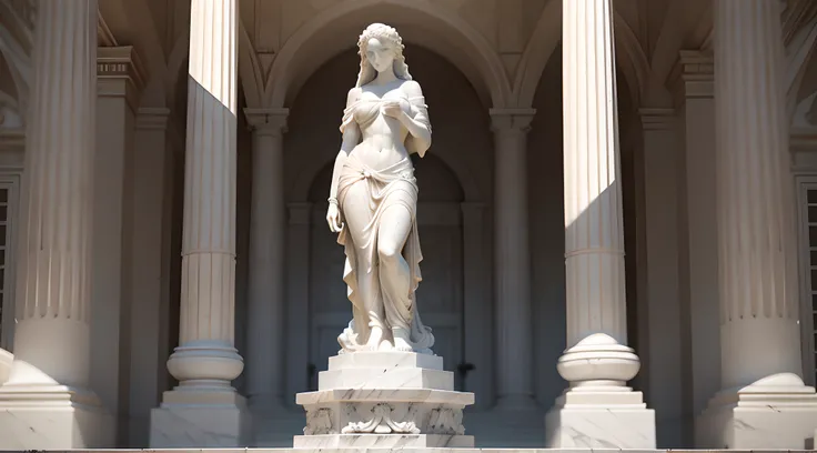 Create an Octane Render style representation that brings to life a white marble female statue, immersed in a setting evocative of Greek style. Precision in detail is key to capturing both the beauty of the sculpture and the atmosphere of the site.

Details...