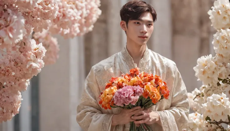 There was a man holding a bouquet of flowers in his hand, With flowers, Holding flowers, the flower prince, carrying flowers, high quality portrait, inspired by Yanjun Cheng, holding magic flowers, High-quality fanart, by Yang J, Guviz-style artwork, Cai X...