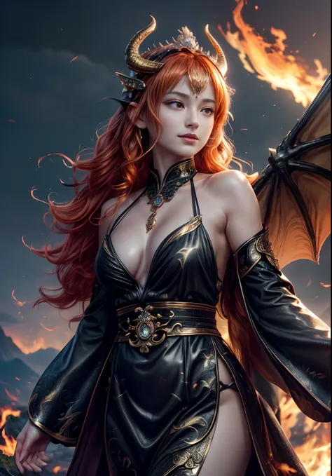 Girl with dragon wings face, looks at the viewer, Behind the back are large wings, Large beautiful wings, ((realisti, photo-realistic: 1.3), Smiling, Rejoices, Extremely refined and beautiful, astounding, finely detail, an intricate, (((dragon, Surrounded ...