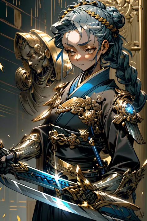 masterpiece, best quality,face,1 girl, long black braided hair in bun, gold eyes, detailed eyes (1.4), blue kimono, silver battle chest piece, mechanical arm, holding greatsword blue glean of light from within, tired from battle, slaughtered bodies nearby