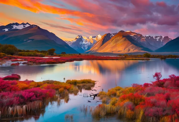 a view of a lake with mountains in the background, patagonian, extraordinary colorful landscape, epic beautiful landscape, majestic nature scenery, mountains and colorful sunset!!, dramatic mountains in background, spectacular mountains, chile, epic and st...