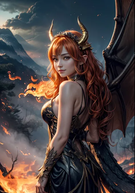 Girl with dragon wings face, looks at the viewer, Behind the back are large wings, Large beautiful wings, ((realisti, photo-realistic: 1.3), Smiling, Rejoices, Extremely refined and beautiful, astounding, finely detail, an intricate, (((dragon, Surrounded ...