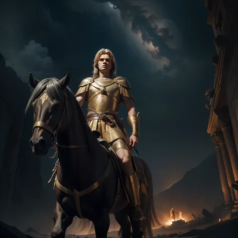 "In a realm of epic legends, behold the awe-inspiring tale of Alexander the Great, the fearless conqueror, unfolding before your eyes. Epic, legendary, and shrouded in mystery, immerse yourself in the dark atmosphere."