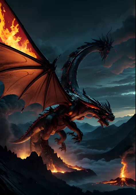 A dragon flies in the sky, ((realisti, photo-realistic: 1.3), Extremely refined and beautiful, astounding, finely detail, an intricate, (((dragon, Surrounded by flames, Black Mountains, the trees, magma, the wind, Long wavy body, hiquality, higly detailed,...