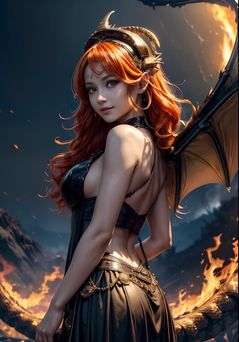 Girl with dragon wings face, looks at the viewer, Behind the back are large wings, Large beautiful wings, ((realisti, photo-realistic: 1.3), Smiling, Rejoices, Extremely refined and beautiful, astounding, finely detail, an intricate, (((dragon, Surrounded ...