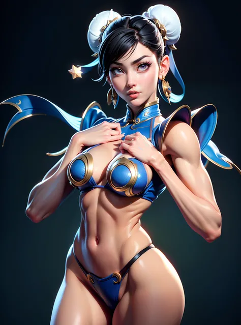 ((Best quality)), ((Masterpiece)), ((Realistic)) and ultra-detailed photography of a girl with goth colors. Chun- li， ((Chun- li)), dressed in (small black micro-thong, black micro-bikini:Star motif ) , ((Beautiful and aesthetic)), muscular fit body abs, S...