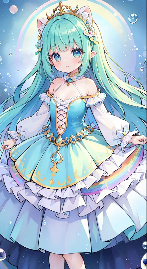 masterpiece, best quality, intricate details, beautiful girl, sparkling eyes, otherworldly liquid fantasia background, watercolor, bright vibrant colors, whimsical, colorful, layered tiered puffy long sleeve ballgown, ((iridescent rainbow bubbles))