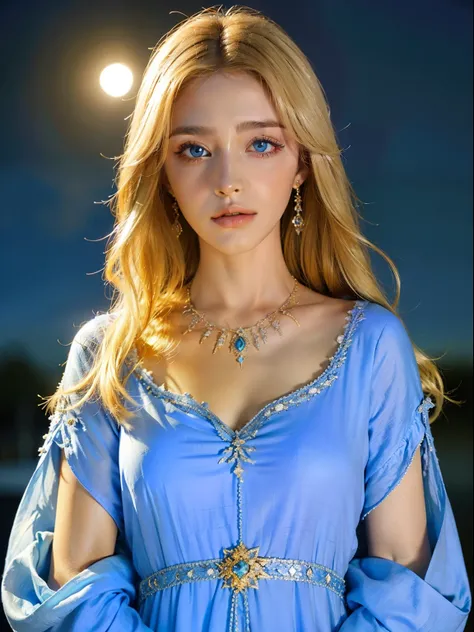 Beautiful princesse glowing eyes face européenne super detailed hyper realistic bleu eyes bright blond hair jewlery super detailed full caftan outfit cover whole body very Beautiful dress Moon behind hyper realistic super detailed