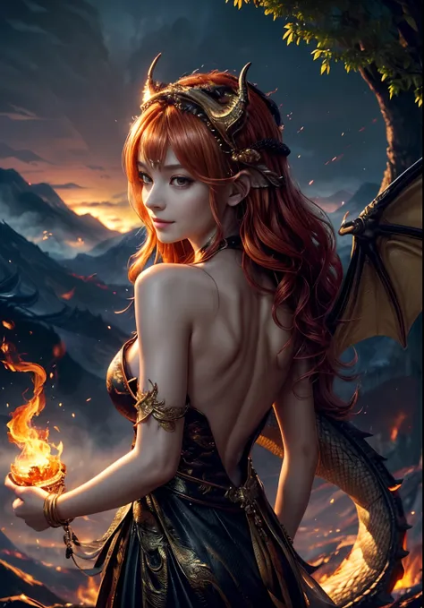 Girl with dragon wings face, looks at the viewer, Behind the back are large wings, Large beautiful wings, ((realisti, photo-realistic: 1.3), Smiling, Rejoices, Extremely refined and beautiful, astounding, finely detail, an intricate, (((dragon, Surrounded ...