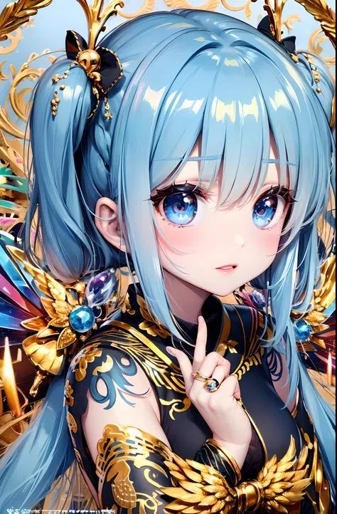 (Chibi:1.2)、（​masterpiece:1.4）、（top-quality：1.4)、（Very cute angel girl、hyperdetailed face、Eyes Like Gems、Blue very long twin tails:1.4）、（ring of angels：
1.4）、（Angel wings：1.4）、optic、brilliance、Bokeh、Ultra-fine、(((blue hairs)))、golden decoration